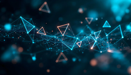 Futuristic digital network, glowing triangles, interconnected nodes