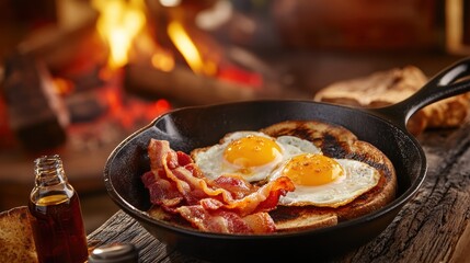 Fototapeta premium Delicious breakfast in a cast iron skillet with eggs and crispy bacon by the cozy campfire, perfect for outdoor cooking enthusiasts.