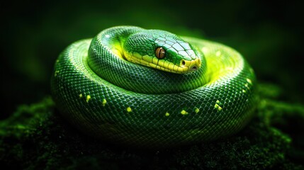 Fototapeta premium Green Snake Coiled On Mossy Surface