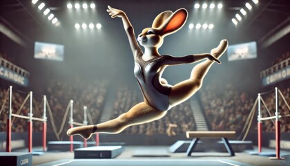 Dynamic Portrait of an Athletic Anthropomorphic Rabbit Performing a Gymnastics Routine in a Professional Arena Under Cinematic Lighting