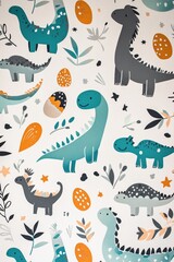 Fototapeta premium Dinosaur Wall Art Prints for Kids, Cute Cartoon Dinosaurs Pattern, Nursery Decor, Playroom Artwork, Baby Shower Gifts, Preschool Room Decoration