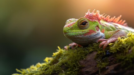 Obraz premium Colorful lizard resting on mossy log in natural habitat during golden hour