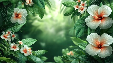 Naklejka premium Vibrant tropical foliage with hibiscus flowers framing a serene blurred green background