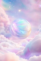 Dreamy pastel sky with iridescent bubble among fluffy clouds, cosmic background, digital art, serene atmosphere for fantasy and wallpaper design