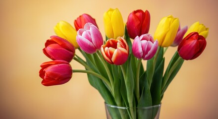 Colorful Tulip Bouquet in Glass Vase on Warm Background - Perfect for Floral Decor and Spring Celebration Themes