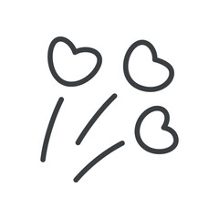 Cute flying hearts icon. Funny hand drawn monochrome illustration of three jumping up hearts isolated on a white background. Abstract romantic emoji. Vector 10 EPS.