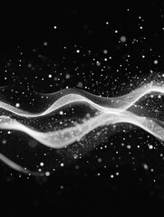 Abstract black and white wave design resembling sound waves with scattered particles creating a dynamic and modern look
