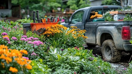Vibrant garden scene with flowers and gardening tools beside a pickup truck in a lush landscape