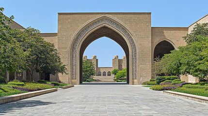 Grand archway leading to a serene courtyard with lush greenery and historical architecture