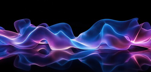 Obraz premium Minimalist pattern of glowing blue and purple waves in a futuristic 3D scene with soft reflections on a black gradient.