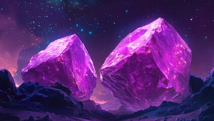 Obraz premium Cosmic amethyst cubes on alien landscape