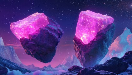 Fototapeta premium Floating crystals, night mountain landscape, surreal scene