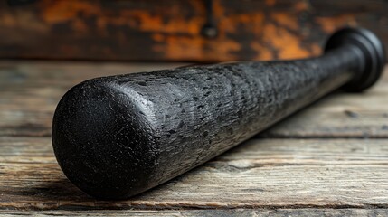 Close-up view of a wooden baseball bat resting on a rustic wooden surface, showcasing texture