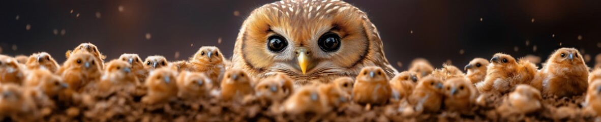 Wild animals gather as a mother owl watches over her chicks in a serene forest setting at sunset