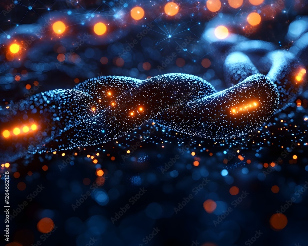 Poster glowing blockchain network overlaying supply chain visualization with linked nodes symbolizing trans