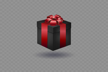 Black gift box with red ribbon and bow. On a transparent background.