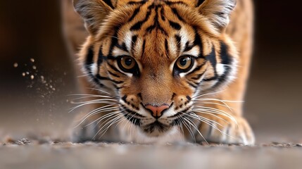 Fototapeta premium Wild tiger stalks through its natural habitat while hunting at dusk in the dense jungle