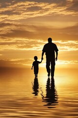 Father and son walking together at sunset, silhouette in water, family bonding moments, love and connection, peaceful nature scene.