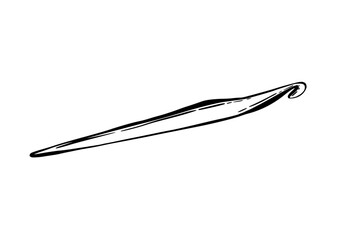 Crochet hook. Black and white line art vector illustration. Hobby item, metal crochet, needle knitting, crocheting. Hand drawing clipart isolated from background for blogs, labelling, logo, sticker.