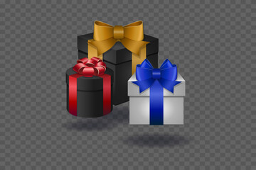 Set of boxes. Christmas gifts with a beautiful bow and ribbon. On a transparent background.
