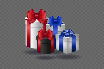 Set of boxes. Christmas gifts with a beautiful bow and ribbon. On a transparent background.