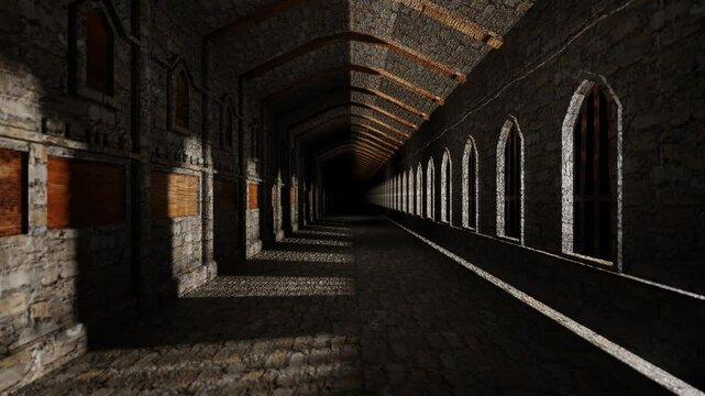 endless forward movement inside a gray concrete block fortress with windows. 3d render looped animation.