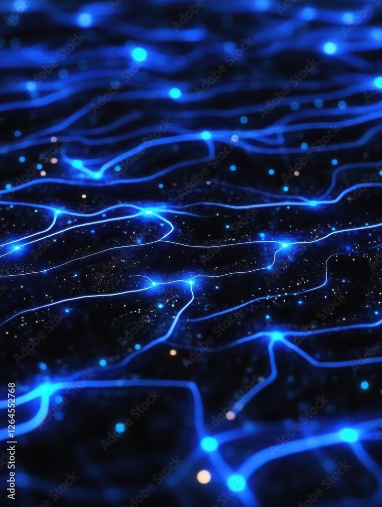 Poster futuristic circuit board pattern with glowing blue lines and nodes, creating high tech visual effect