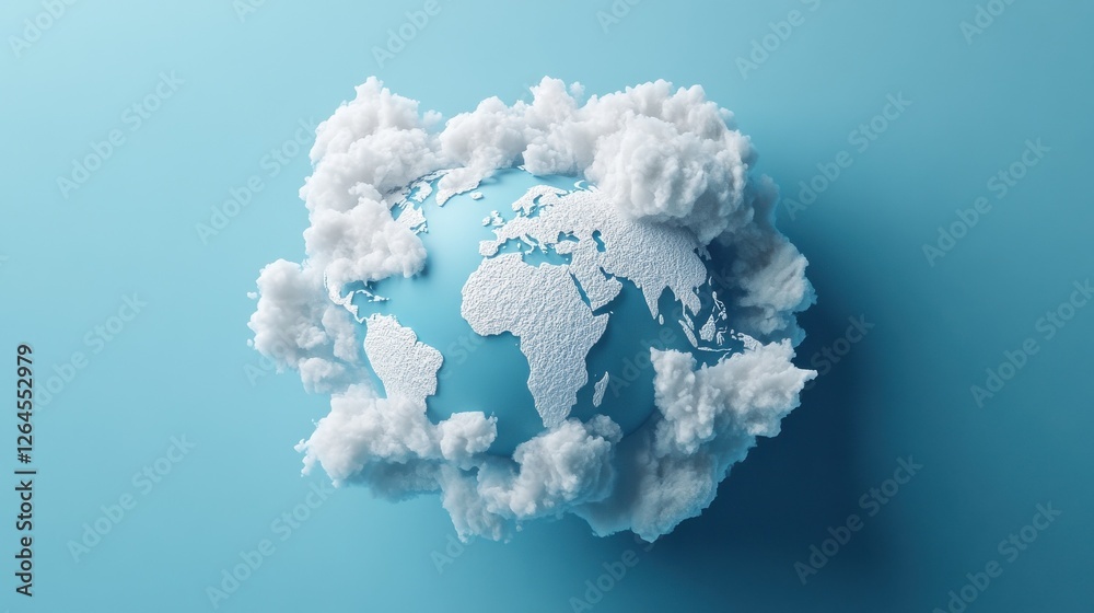 Poster Minimalistic 3D world map on a soft blue gradient background. Simplified earth representation. Generative AI