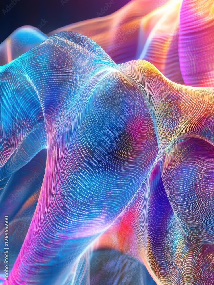Poster flowing data waves represented by bright, dynamic lines in an abstract pattern