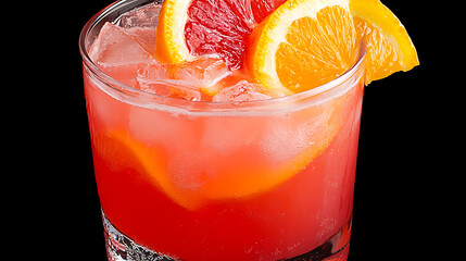 Refreshing Citrus Cocktail with Ice Cubes and Orange Slices on Black Background Delight