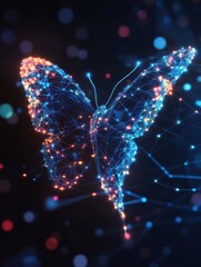 Polygon butterfly on blockchain technology network hud background. Abstract polygonal geometric butterfly consisting of points, lines and shapes. Wireframe technology structure. Low poly design.