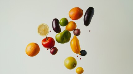 A dynamic display showcases an array of colorful fresh fruits and vegetables, highlighting their natural textures and forms against a minimalist background, inviting a healthy lifestyle