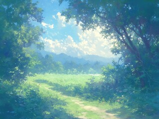 Obraz premium Forest path opens to a bright, sunny field with mountains in distance