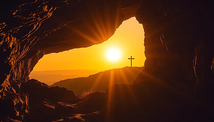 Resurrection Cave with Cross at Sunrise A Symbol of Hope & Faith