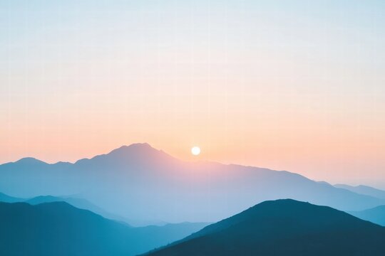 Sunrise over mountain range with soft hues of blue and orange in early morning light. Generative AI