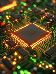 Close-up of glowing circuit board with microchips and electronic components