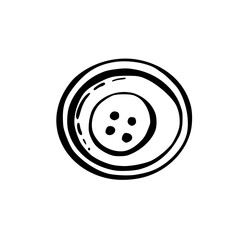 Round Button. Vector Sewing item with two hole. Hobby handicrafts and sewing object. Black line art hand drawing illustration. Clipart for handmade blog, product label, logo. Isolated from background