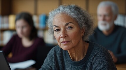 Fototapeta premium Focused expression of elderly woman in study environment, engagi