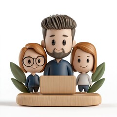 Cartoon Family Portrait with Laptop on Light Beige Background