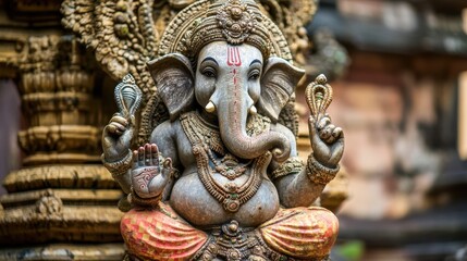 Ganesha statue close-up, Hindu deity symbolizing wisdom and prosperity, ornamental sculpture in a temple, cultural art from India, spiritual decor image.