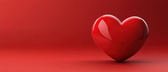 Glossy red heart on red background, symbolizing love, romance, and passion for Valentines Day or romantic occasions with copy space