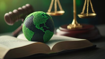 Global justice concept with globe, law scales, and open book representing environmental law and legal system for education and sustainability themes.