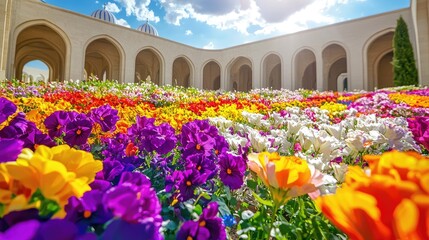 Vibrant flower garden in a historical courtyard under a bright blue sky with clouds