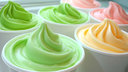 Refreshing Cups of Swirled Frozen Dessert Green Yellow Pink Flavors Culinary Delights Sweet Temptations