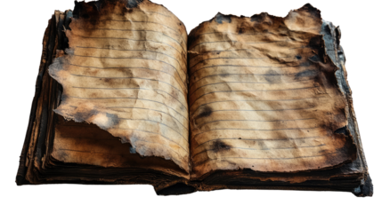 Ancient Secrets Unveiled: A weathered and charred open book displays the ravages of time, whispering tales of forgotten knowledge, lost stories, and the enduring power of words.