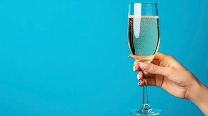Champagne Flute Held Against Vibrant Blue Background