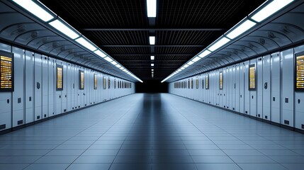 Obraz premium Long Futuristic Corridor with Bright Lights and Metal Walls