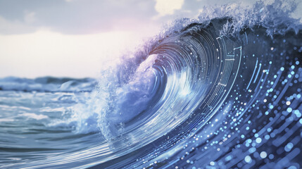 digital wave merges with ocean, creating futuristic energy flow in blue hues, symbolizing blend of technology and nature