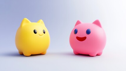 Cheerful Yellow and Pink Cartoon Cats on Light Gray Background
