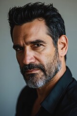 Obraz premium Handsome mature man with beard and stylish haircut looking confidently at the camera, portrait photography for lifestyle and fashion themes.